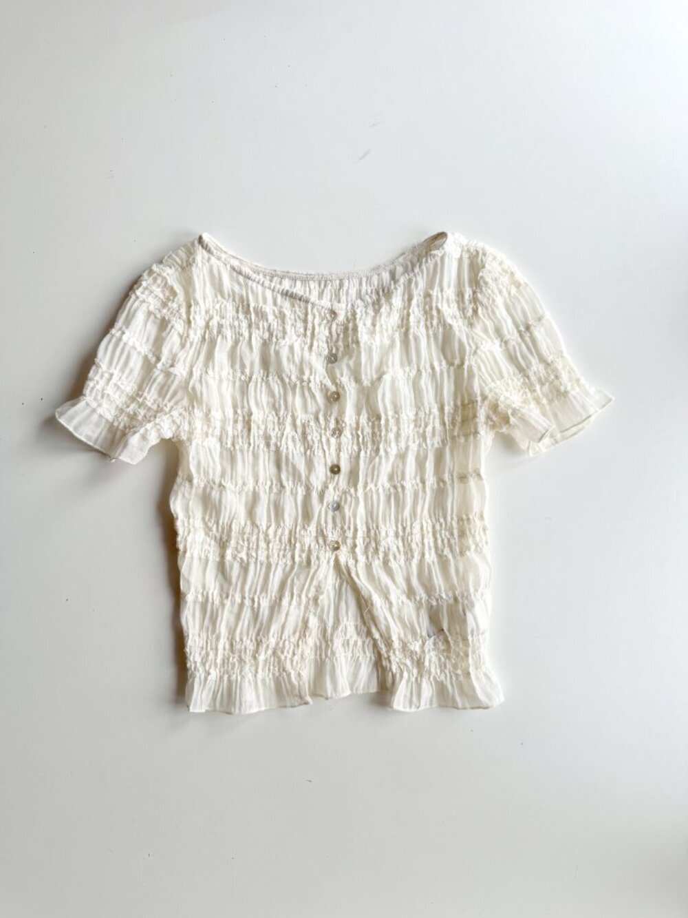 COMMENSE Ivory Ruched Chiffon Ruffled Button Front Blouse Skirt Set, Size XS - Picture 6 of 16